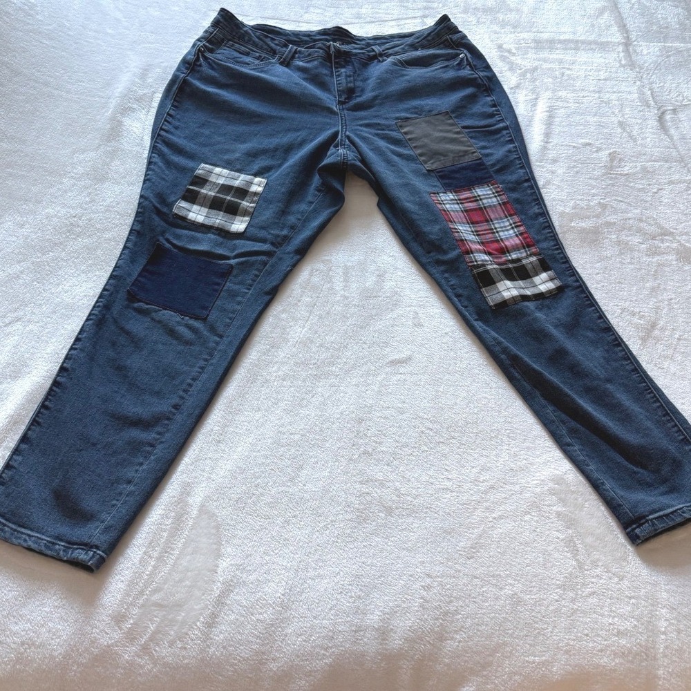 Venus Patchwork Jeans Denim  Plaid Flannel Pockets Straight Leg Women's Size‎ 18